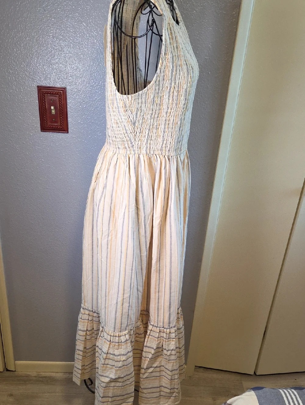 Allie Smocked Mixed Stripe Sleeveless Cotton Ruffled Midi Dress - Picture 6 of 7